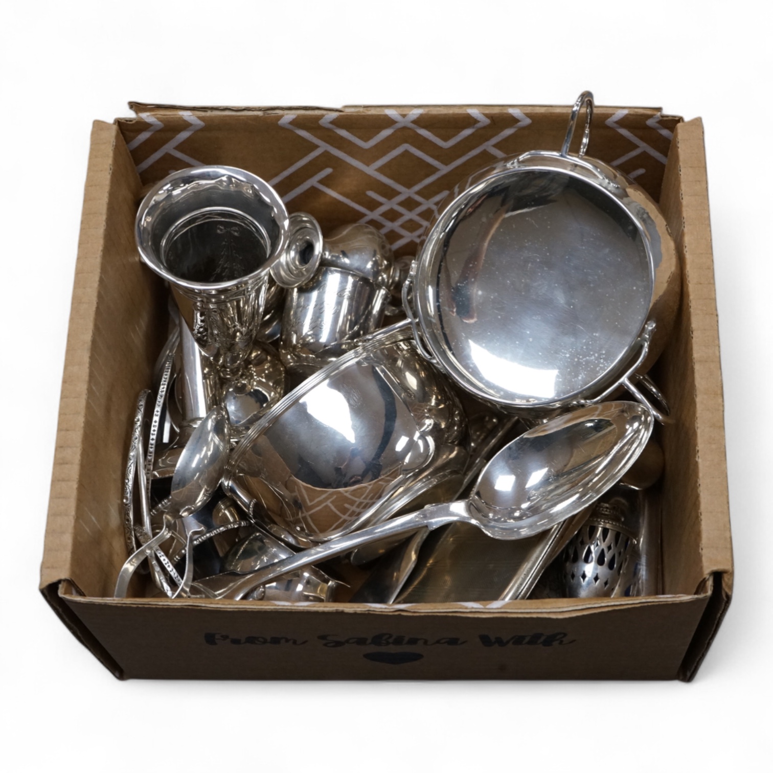 A collection of small silver including an Edwardian Art Nouveau tri-handled pedestal bowl, Birmingham, 1909, height 90mm, a sugar bowl, three cigarette cases, goblet, communion jug, five condiments, three napkin rings, e